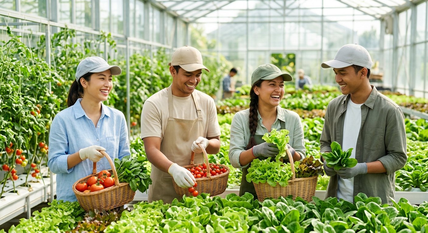 明るい温室で新鮮な野菜を収穫する若手スタッフたち
