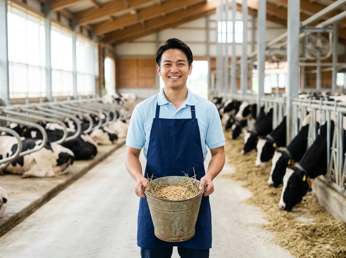 餌のバケツを持つ笑顔の若手スタッフ