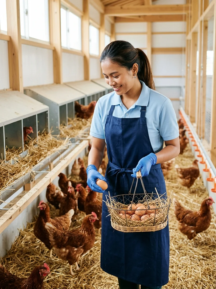 鶏舎で卵を集める若い外国人スタッフ