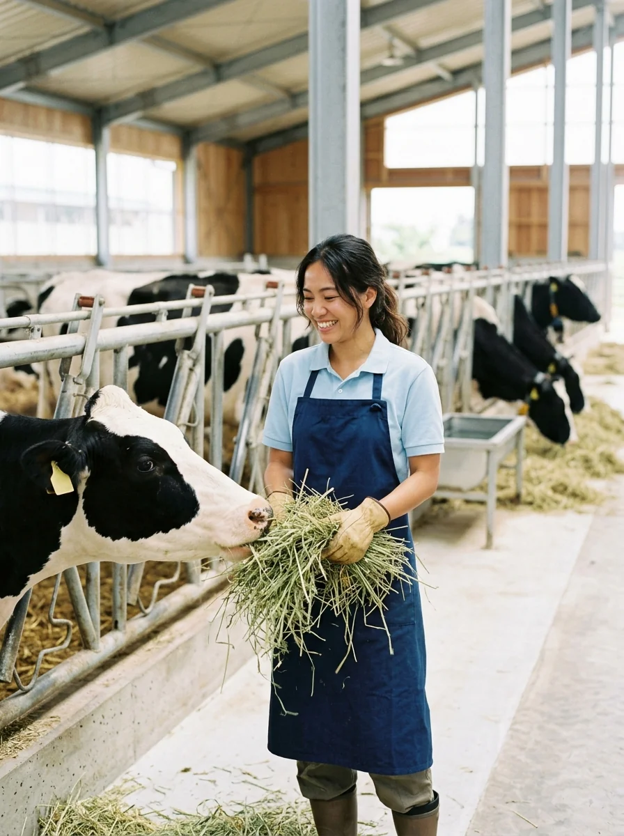 乳牛に餌をあげる若い外国人スタッフ